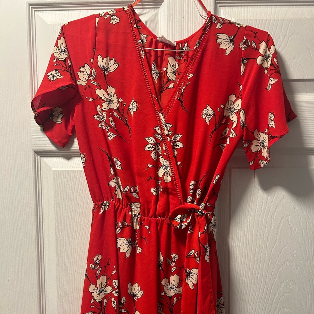 Red floral tie dress